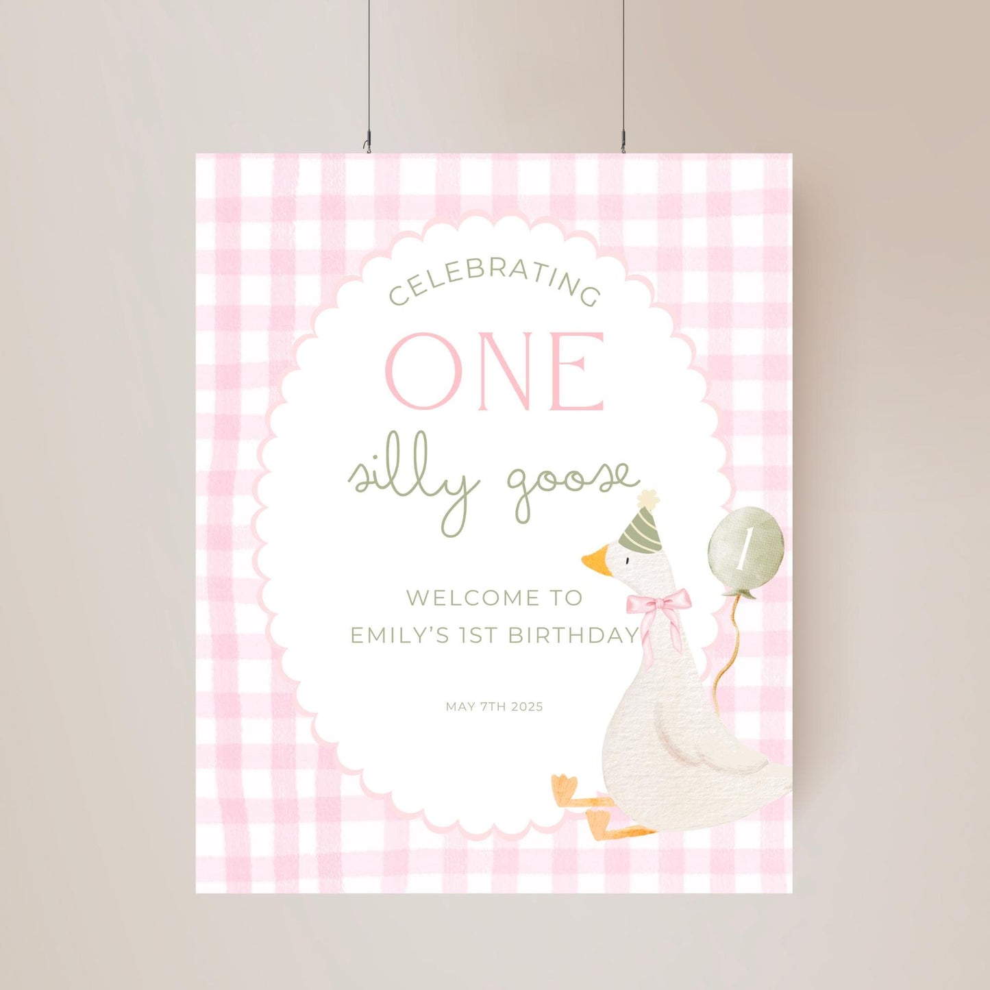 One Silly Goose Birthday Welcome Sign Editable Silly Goose Party Welcome Poster Pink Gingham 1st Birthday Decor Silly Goose Theme Bday