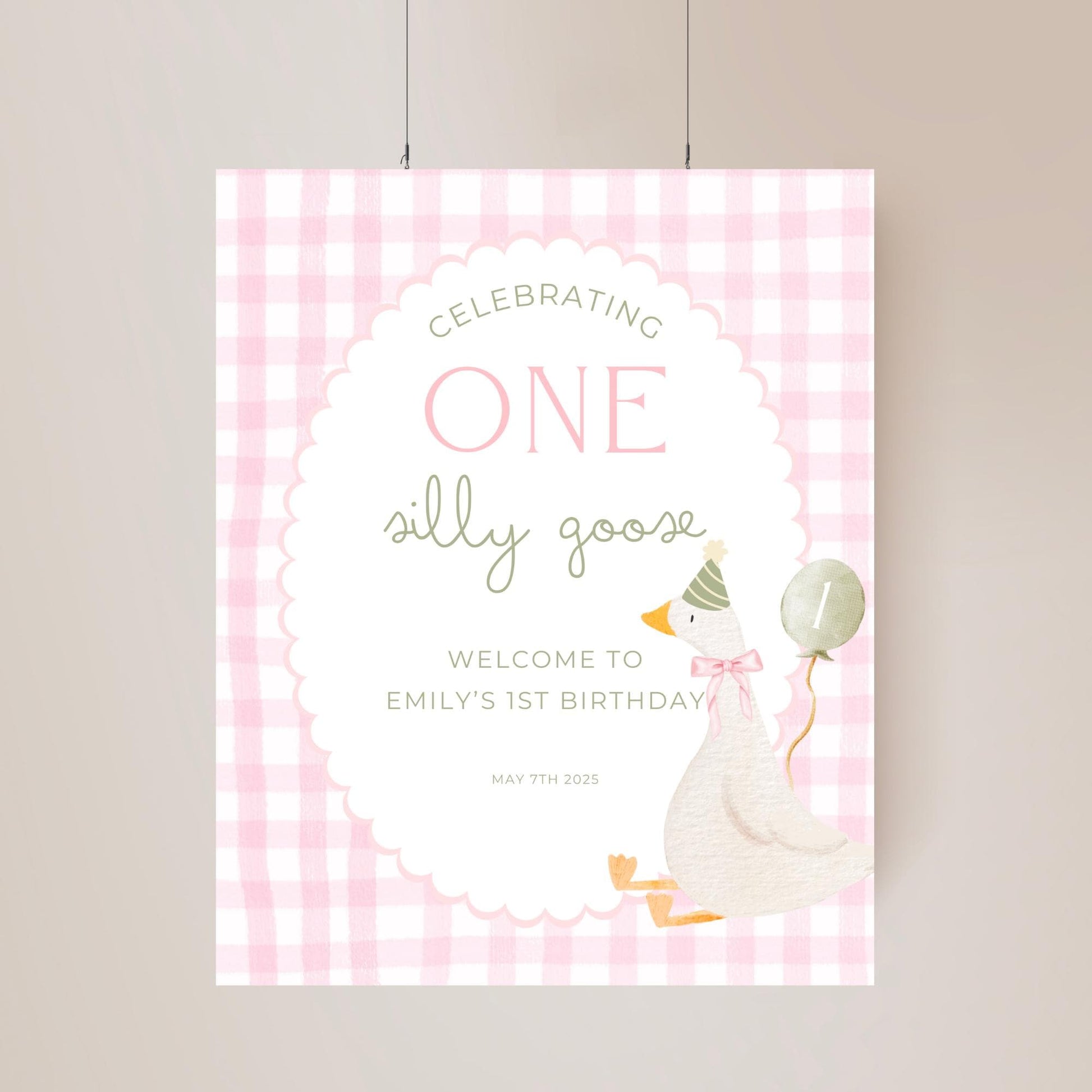 One Silly Goose Birthday Welcome Sign Editable Silly Goose Party Welcome Poster Pink Gingham 1st Birthday Decor Silly Goose Theme Bday