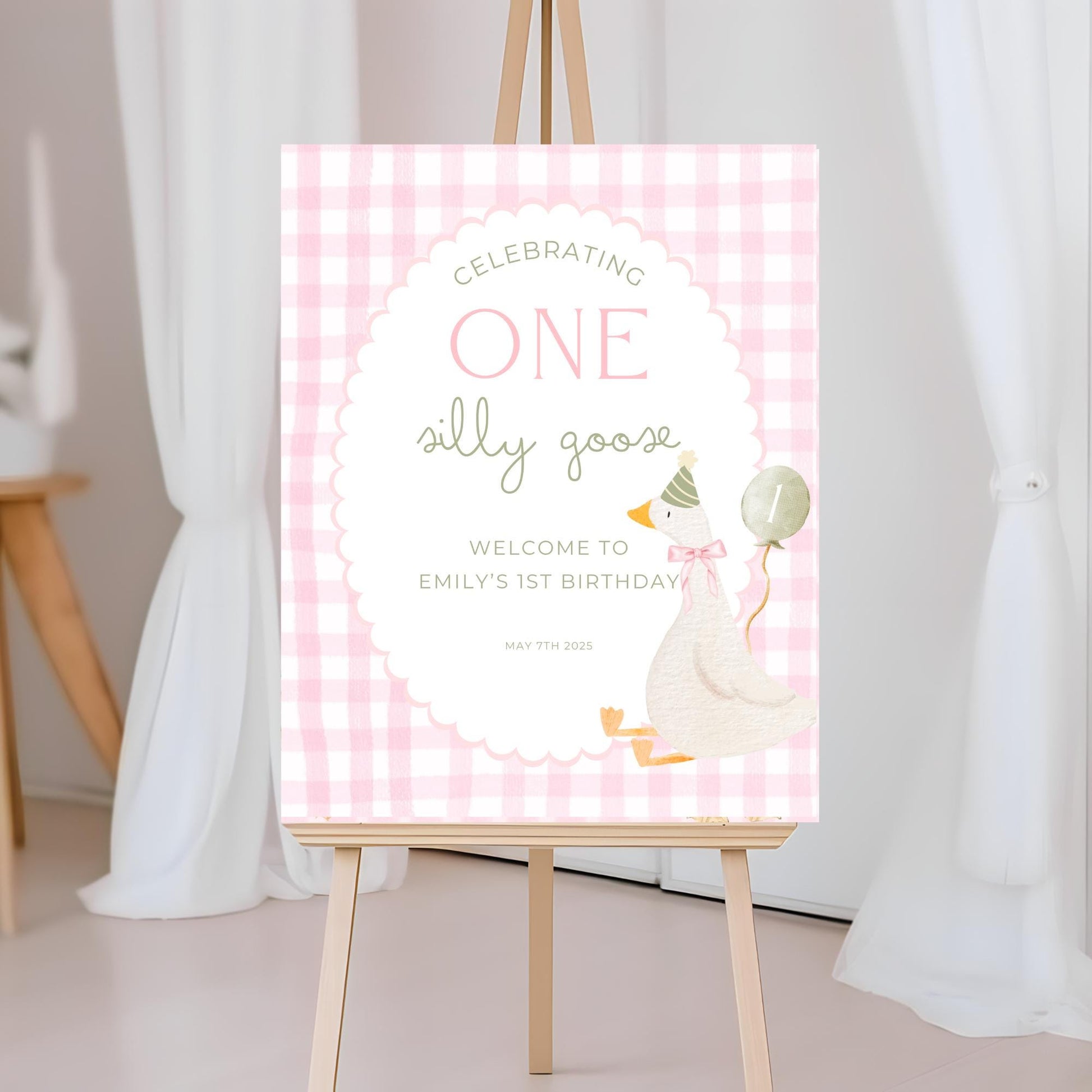 One Silly Goose Birthday Welcome Sign Editable Silly Goose Party Welcome Poster Pink Gingham 1st Birthday Decor Silly Goose Theme Bday