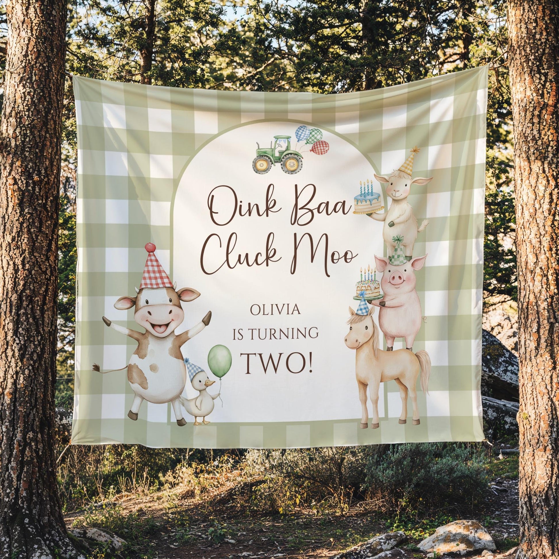 Oink Baa Moo I'm Two Farm Birthday Personalized Banner 2nd Birthday Farm Animals Party Decor Photo Backdrop Barnyard Custom Sign