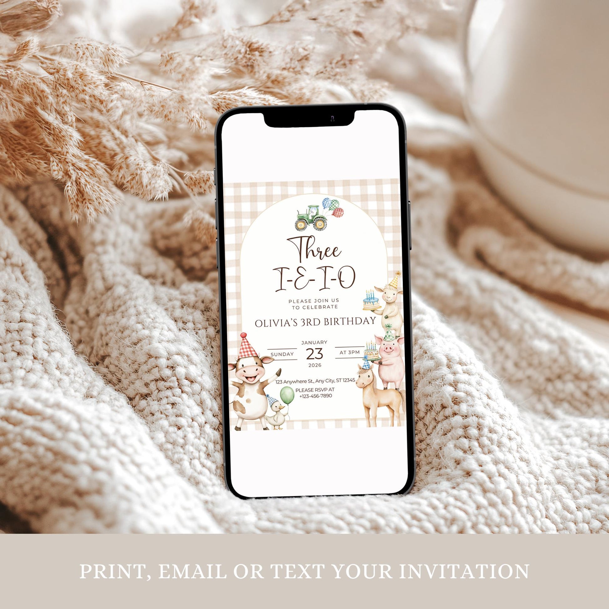 Three I E I O Birthday Invitation Editable Farm Animal Party Invite Barnyard Third birthday Tractor Template 3rd Birthday Evite