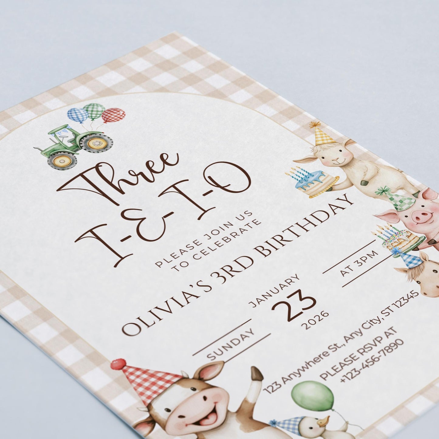 Three I E I O Birthday Invitation Editable Farm Animal Party Invite Barnyard Third birthday Tractor Template 3rd Birthday Evite