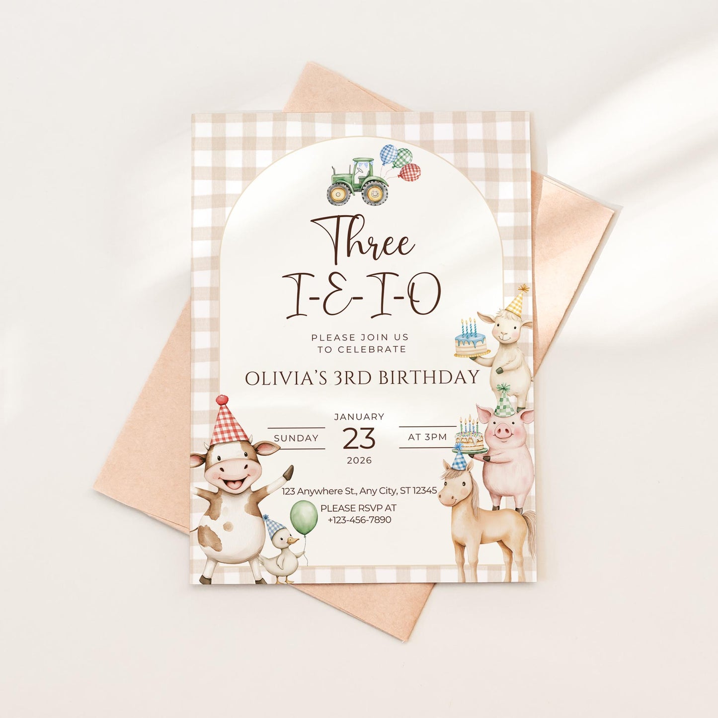 Three I E I O Birthday Invitation Editable Farm Animal Party Invite Barnyard Third birthday Tractor Template 3rd Birthday Evite