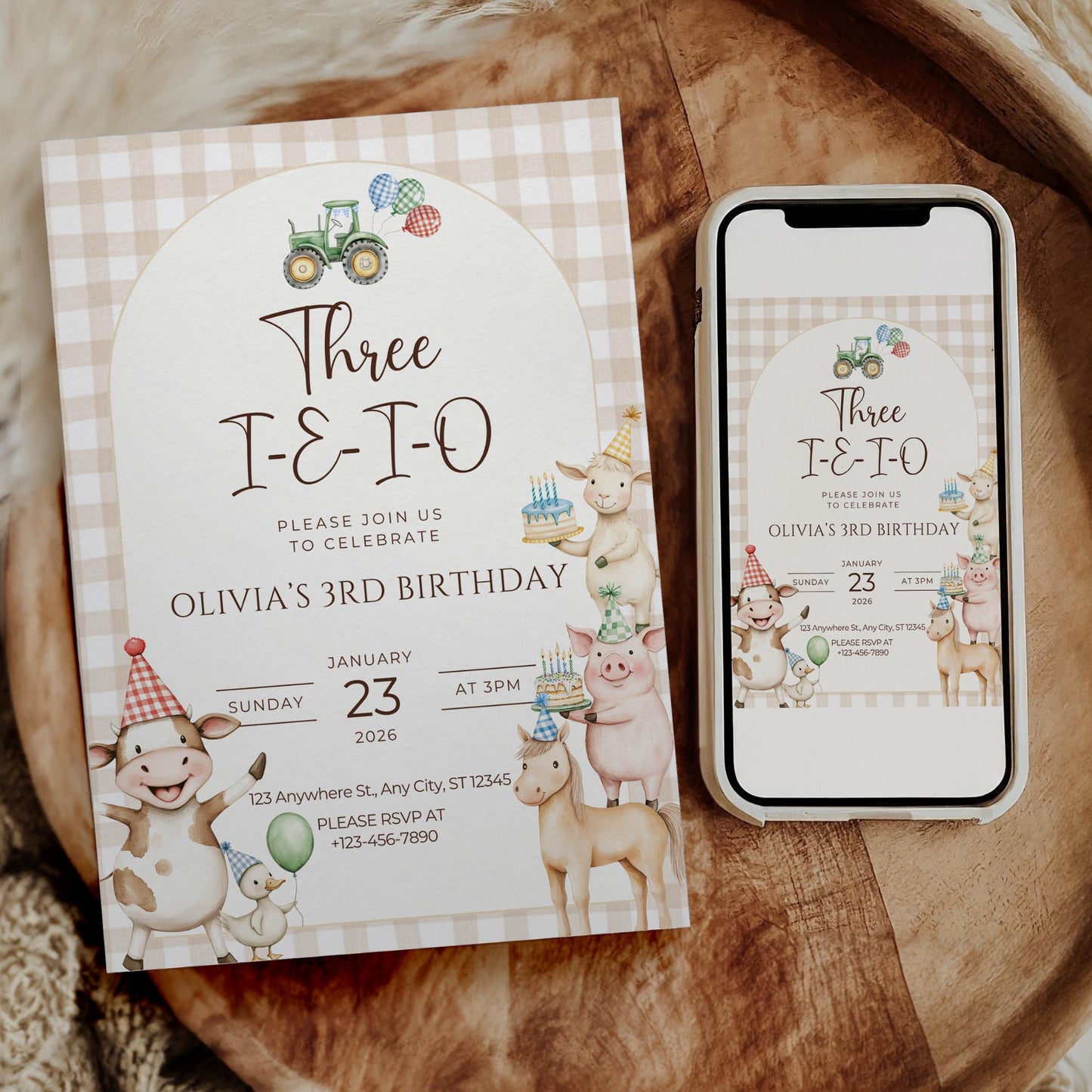 Three I E I O Birthday Invitation Editable Farm Animal Party Invite Barnyard Third birthday Tractor Template 3rd Birthday Evite