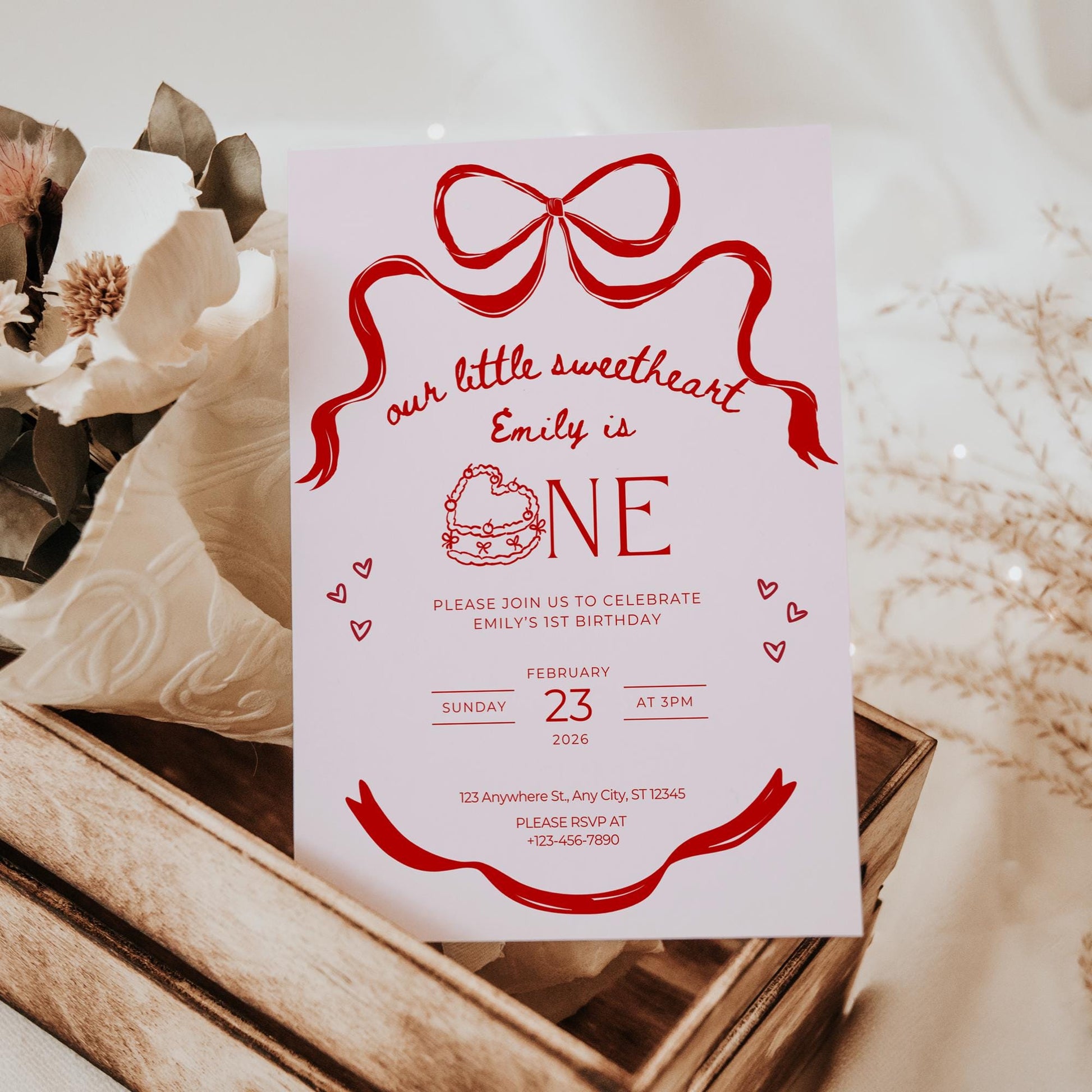Our little sweetheart is turning ONE birthday party invitation Valentine’s Day birthday party invite 1st birthday EDITABLE template Canva