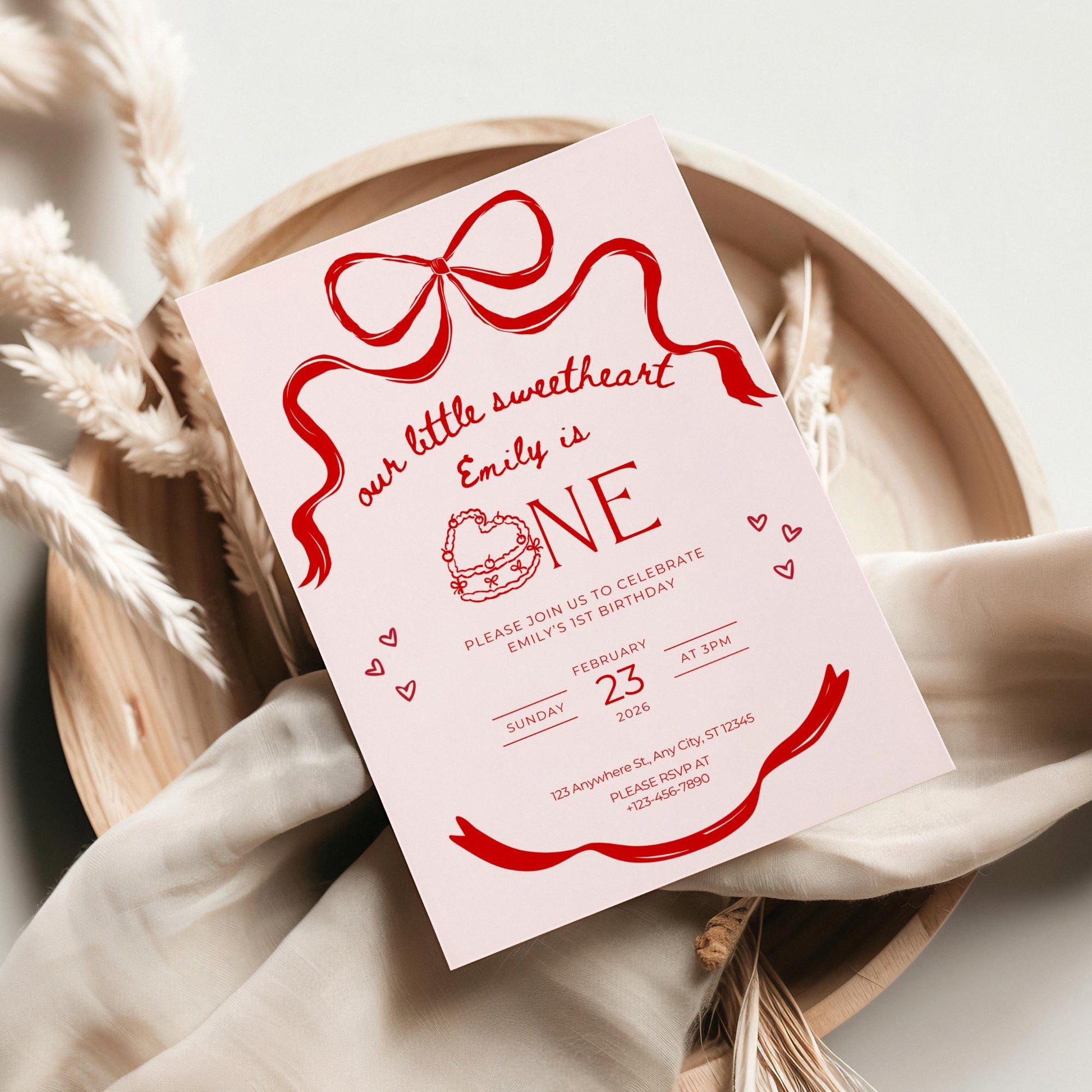 Our little sweetheart is turning ONE birthday party invitation Valentine’s Day birthday party invite 1st birthday EDITABLE template Canva