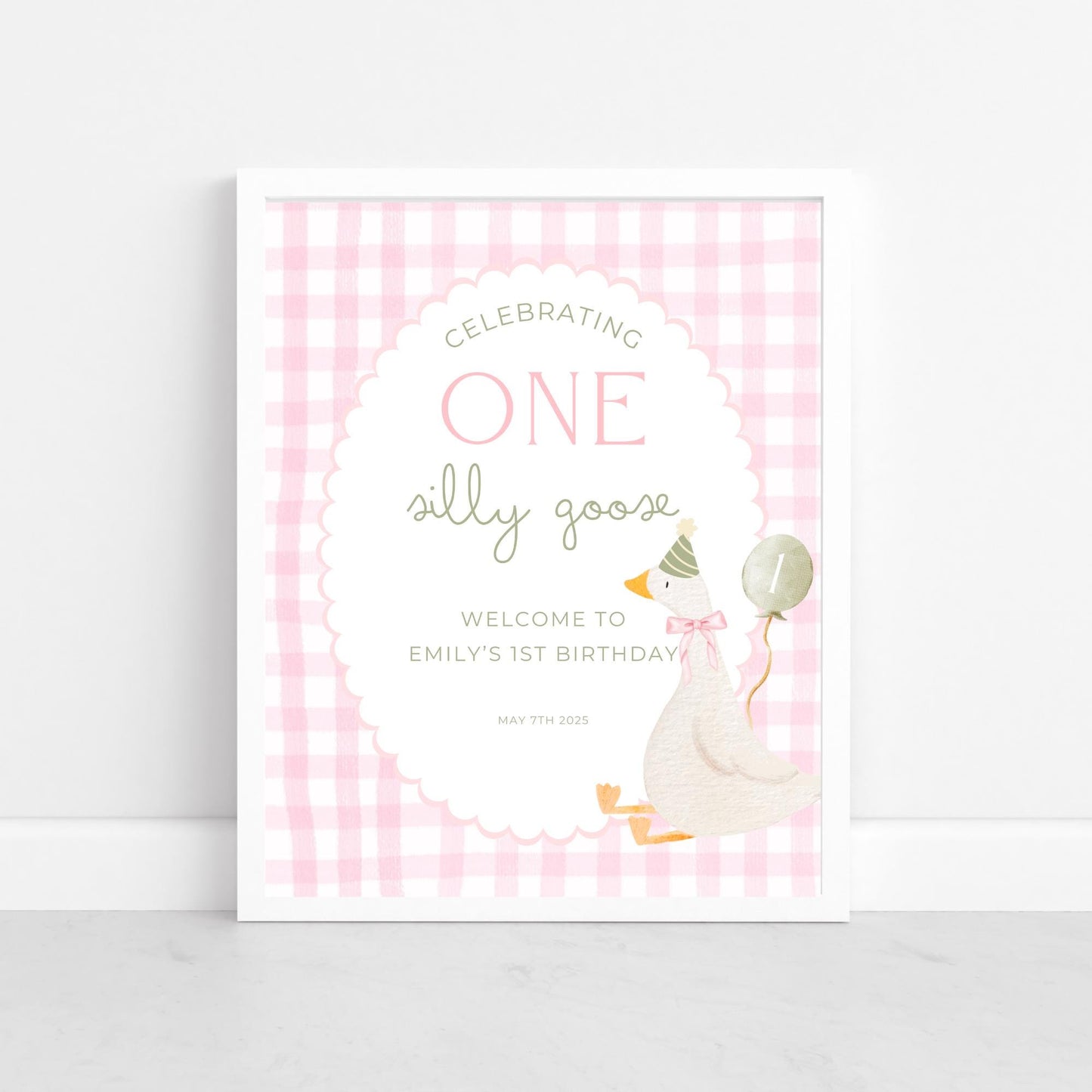 One Silly Goose Birthday Welcome Sign Editable Silly Goose Party Welcome Poster Pink Gingham 1st Birthday Decor Silly Goose Theme Bday