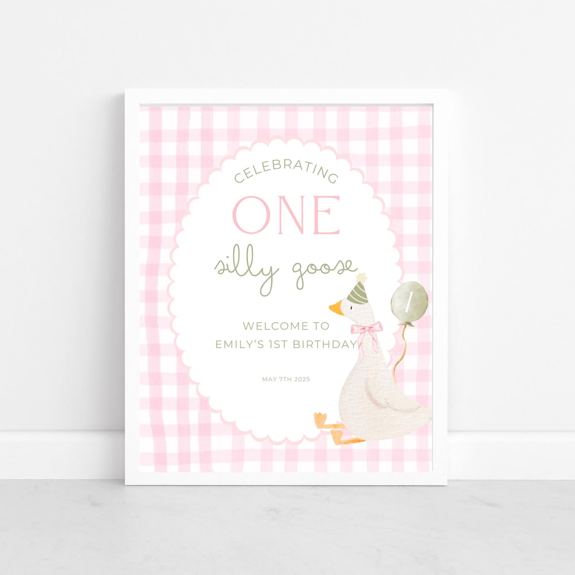 One Silly Goose Birthday Welcome Sign Editable Silly Goose Party Welcome Poster Pink Gingham 1st Birthday Decor Silly Goose Theme Bday