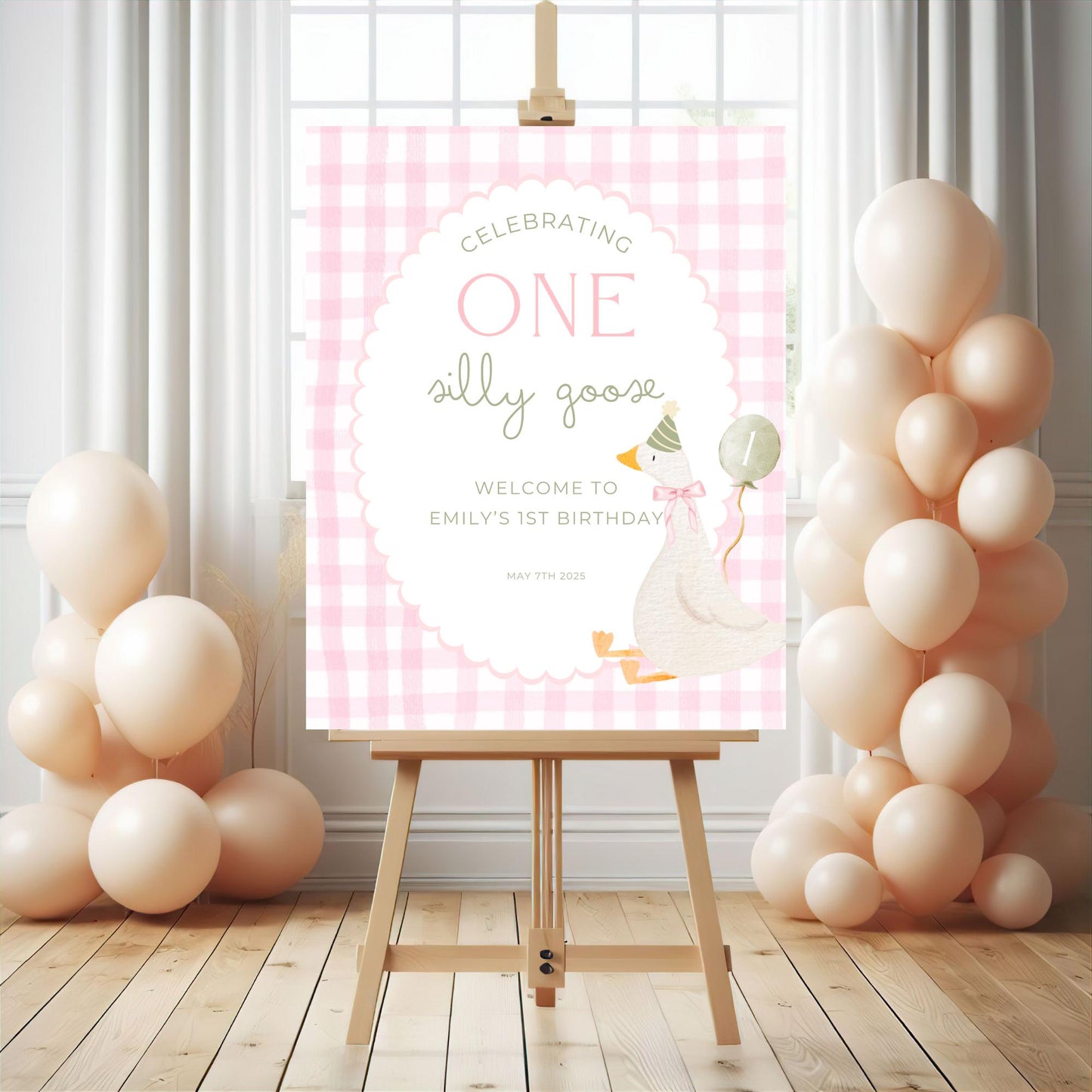 One Silly Goose Birthday Welcome Sign Editable Silly Goose Party Welcome Poster Pink Gingham 1st Birthday Decor Silly Goose Theme Bday