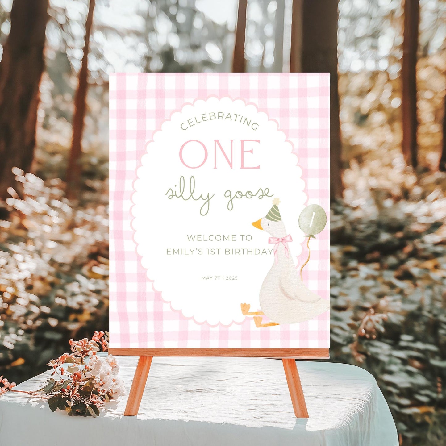 One Silly Goose Birthday Welcome Sign Editable Silly Goose Party Welcome Poster Pink Gingham 1st Birthday Decor Silly Goose Theme Bday