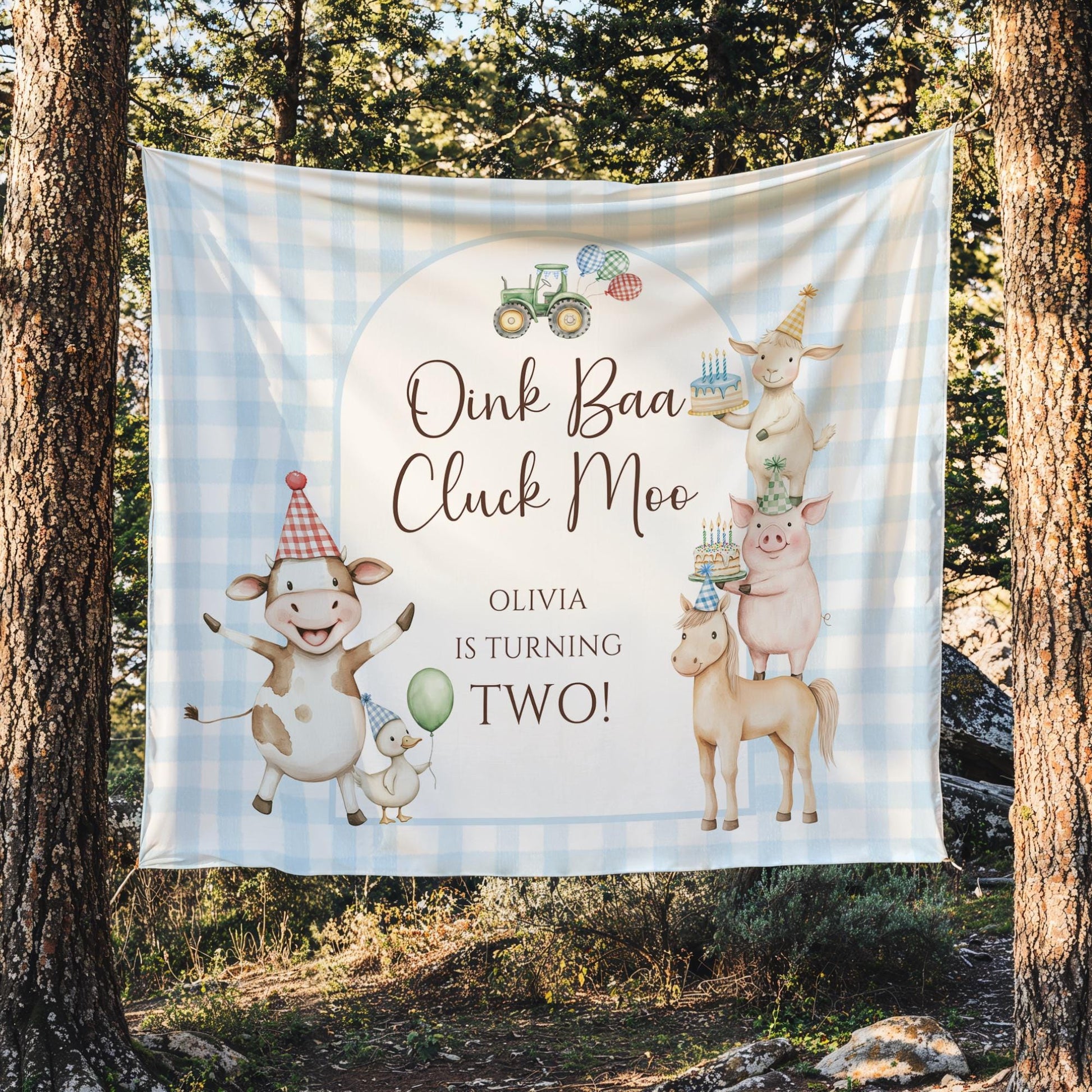 Oink Baa Moo I'm Two Farm Birthday Personalized Banner 2nd Birthday Farm Animals Party Decor Photo Backdrop Barnyard Custom Sign