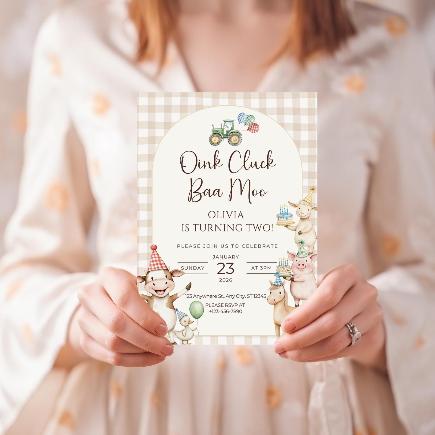 Oink Baa Moo Turning Two Birthday Invitation Editable Farm Animal Party Invite Barnyard Pig Cow Sheep Tractor Template 2nd Birthday Evite