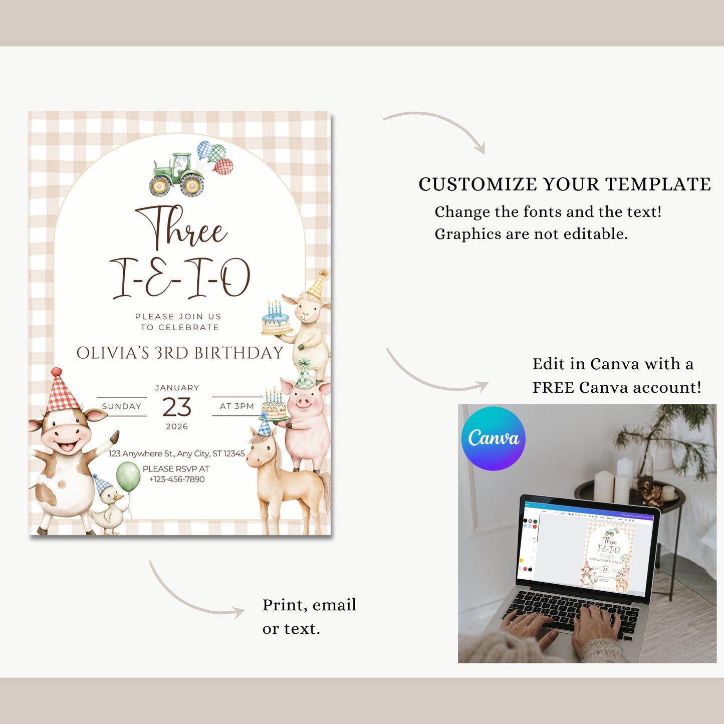 Three I E I O Birthday Invitation Editable Farm Animal Party Invite Barnyard Third birthday Tractor Template 3rd Birthday Evite