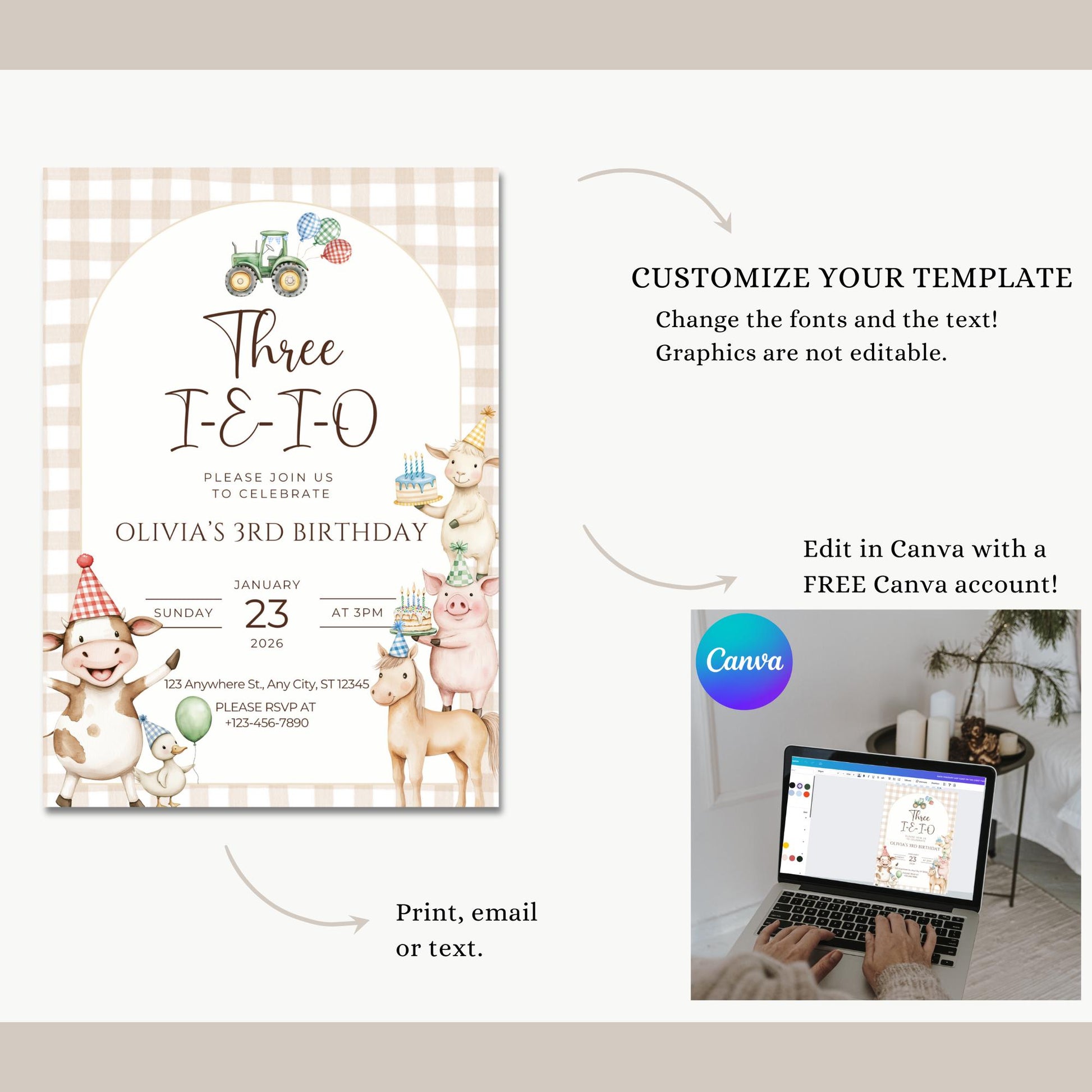Three I E I O Birthday Invitation Editable Farm Animal Party Invite Barnyard Third birthday Tractor Template 3rd Birthday Evite