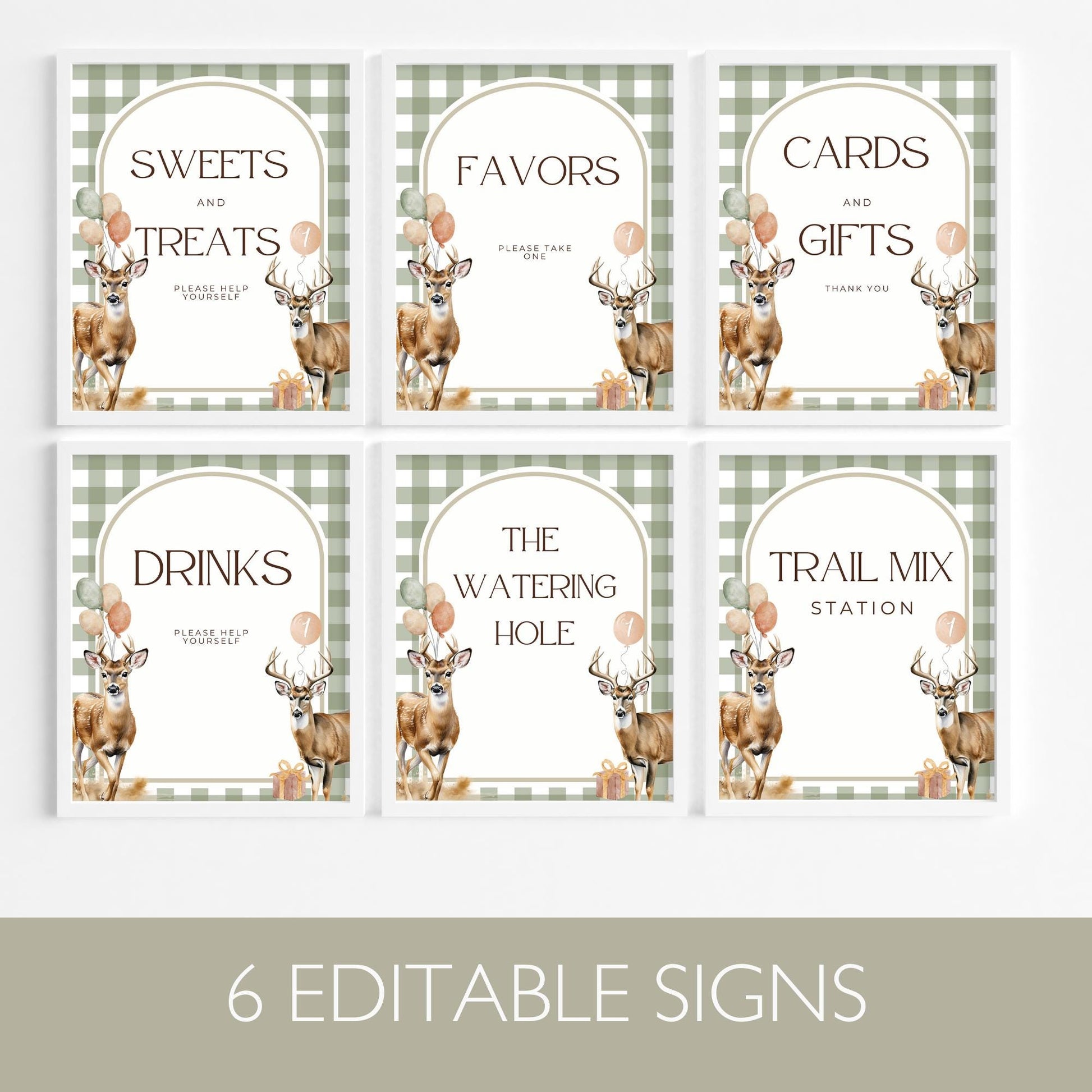 The Big One Deer Birthday Editable Sign Bundle Lucky Buck Themed first Birthday Premade signs Hunting 1st birthday table signs