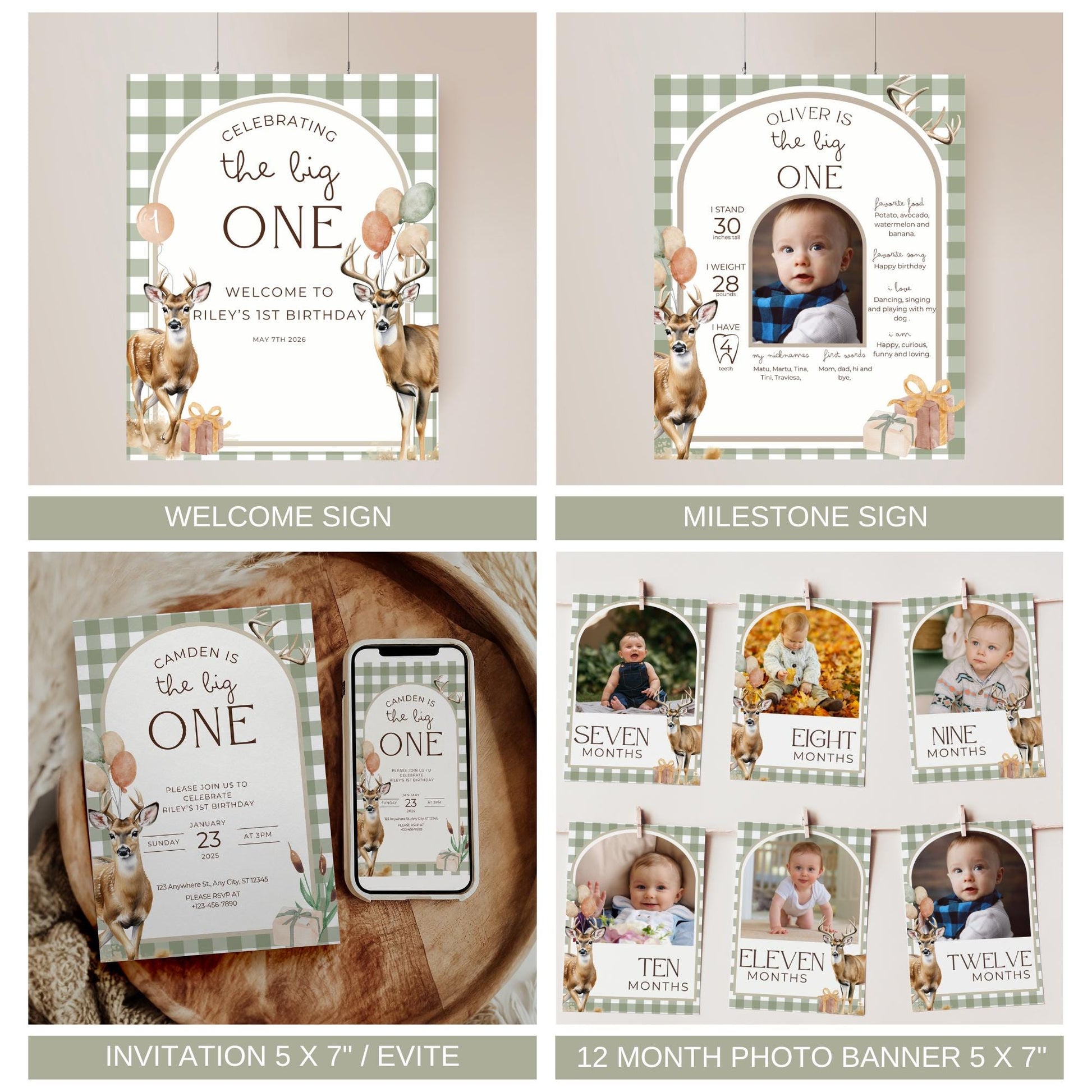 The Big One Deer Birthday welcome sign Deer milestone stats sign The big one birthday invitation Deer theme monthly photo banner first year