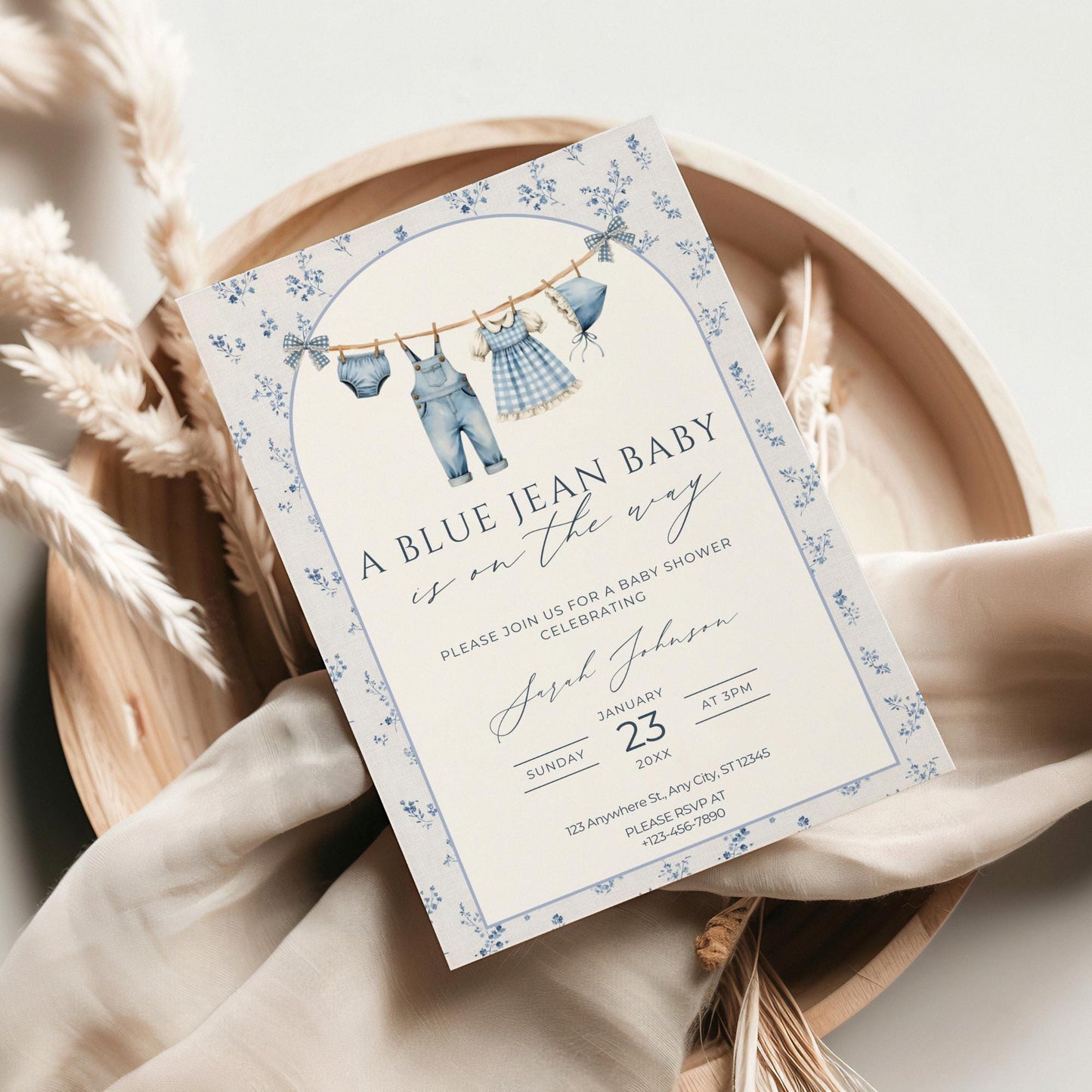 Blue Jean Baby Shower Invitation Floral Baby Sprinkle Invite Denim Baby Shower Cowboy Baby Shower Editable Baby Shower Invitation Template