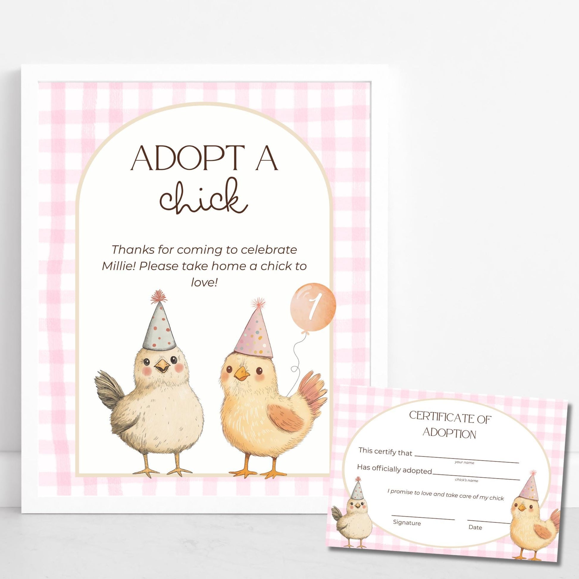 Adopt a Chick Sign Adoption Certificate One Cute Chick Party Favor Printable Birthday Decor Download Chicken Birthday Decor Barnyard