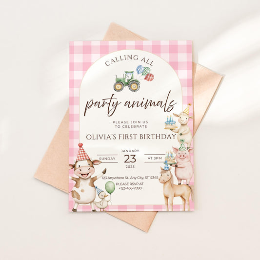 Farm Birthday Invitation Template Pink Party Invitation Farm Animals 1st Birthday Party Animals Birthday Barnyard Theme Country Birthday