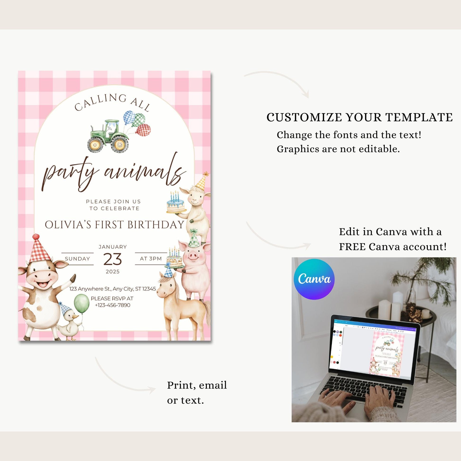 Farm Birthday Invitation Template Pink Party Invitation Farm Animals 1st Birthday Party Animals Birthday Barnyard Theme Country Birthday