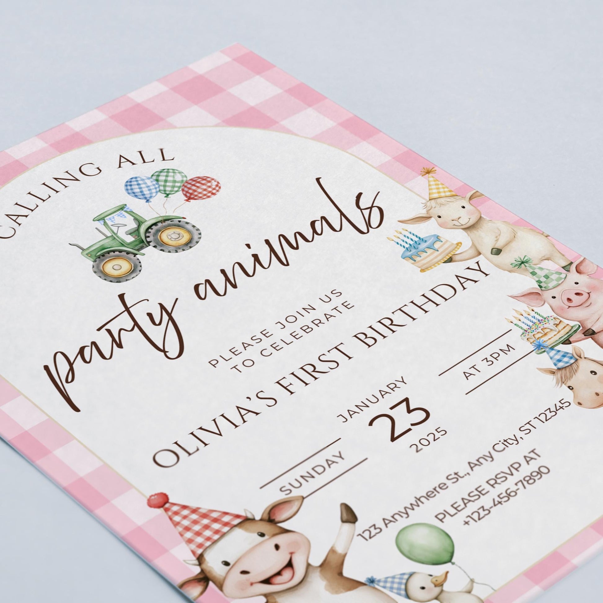 Farm Birthday Invitation Template Pink Party Invitation Farm Animals 1st Birthday Party Animals Birthday Barnyard Theme Country Birthday