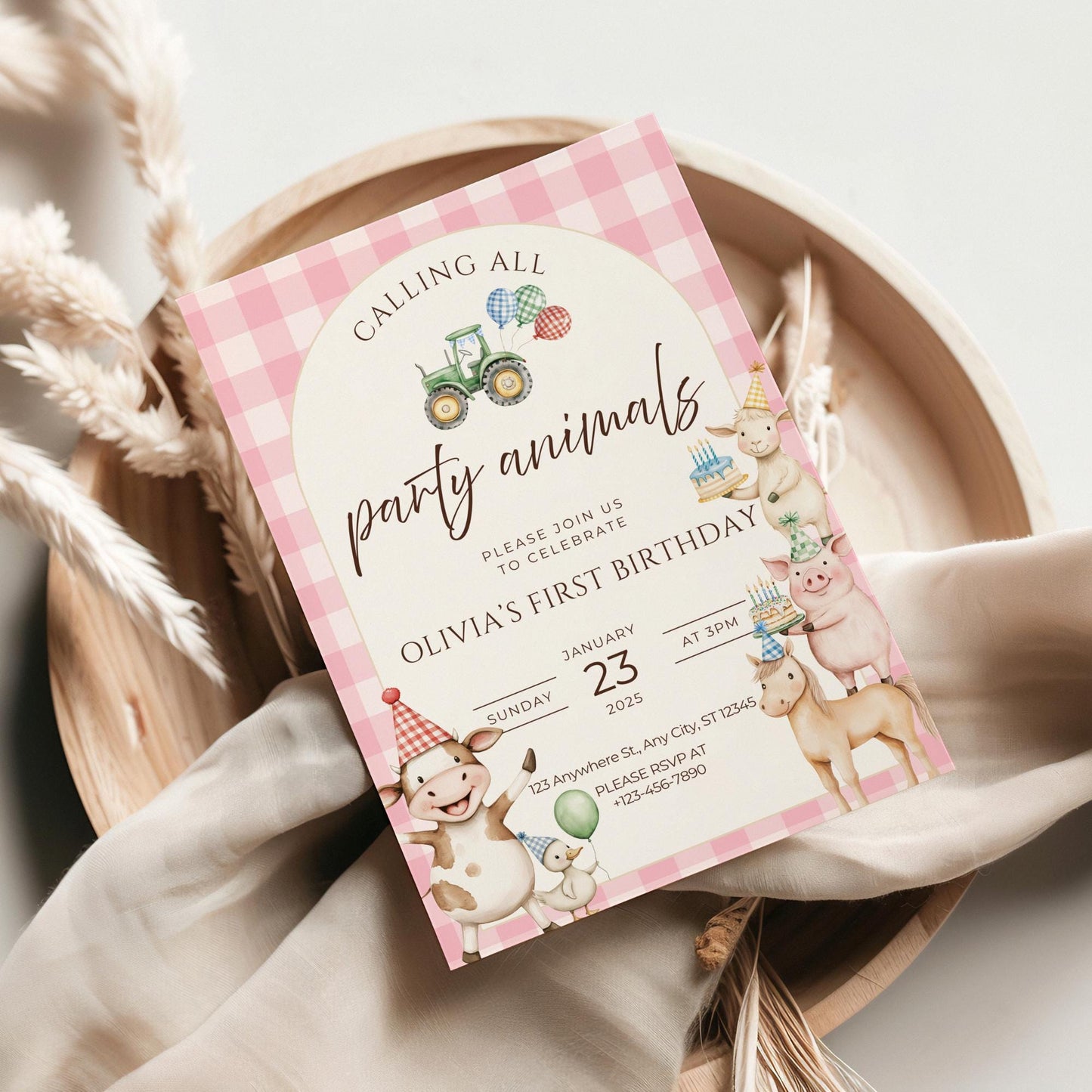 Farm Birthday Invitation Template Pink Party Invitation Farm Animals 1st Birthday Party Animals Birthday Barnyard Theme Country Birthday