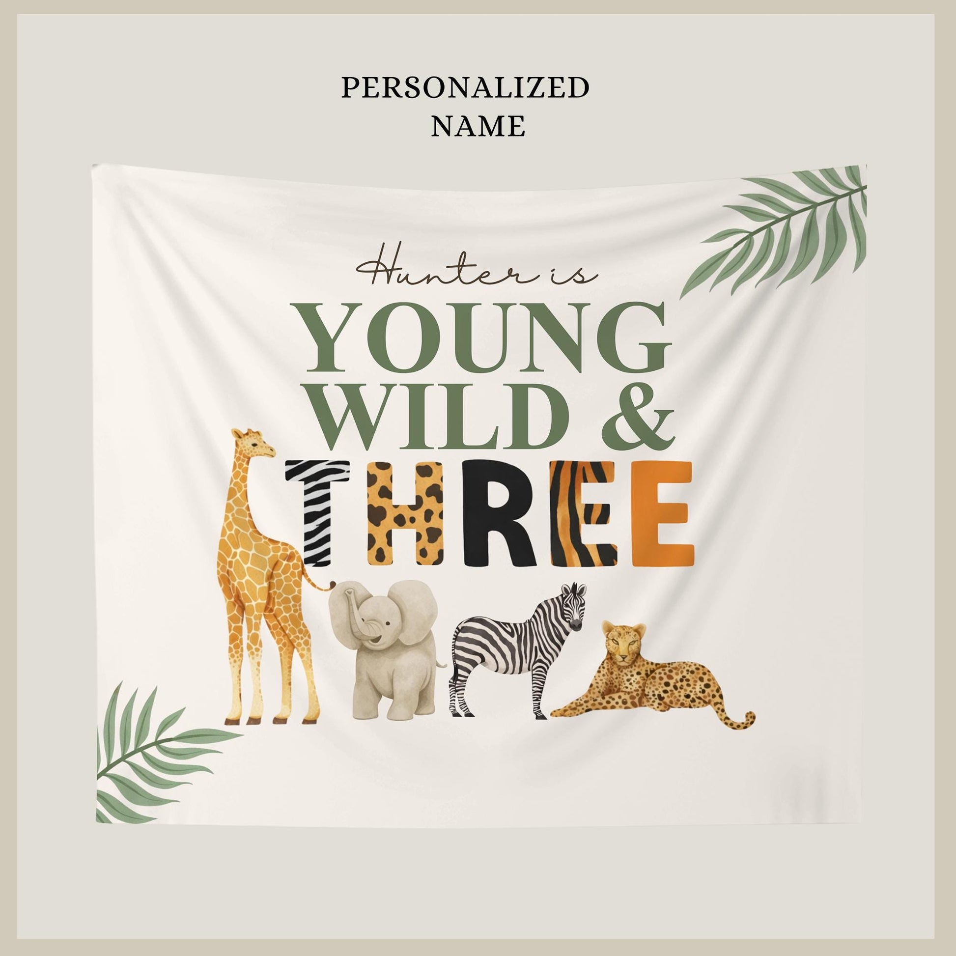 Young Wild and Three Banner Safari Animal 3rd Birthday Backdrop Jungle 3rd Birthday Sign Wild Three Party Decor Safari Animals Tapestry