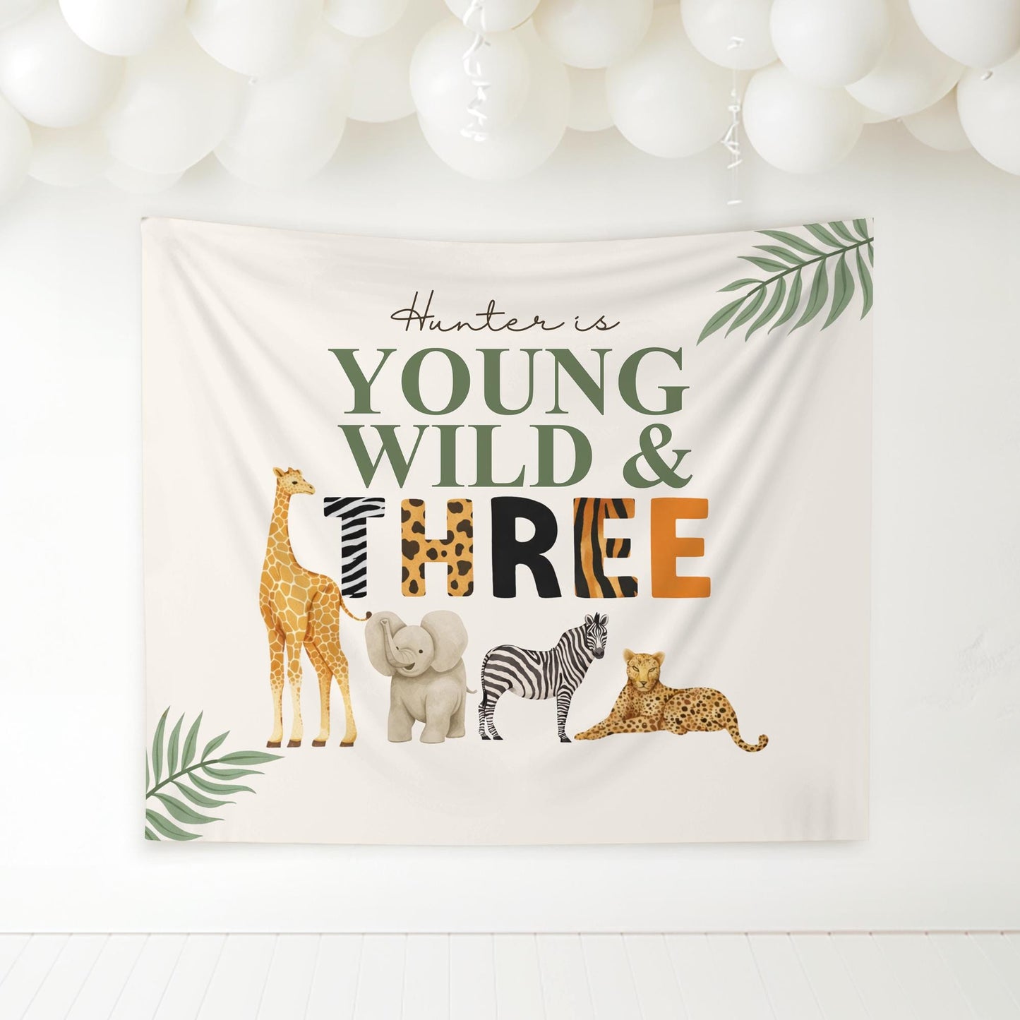 Young Wild and Three Banner Safari Animal 3rd Birthday Backdrop Jungle 3rd Birthday Sign Wild Three Party Decor Safari Animals Tapestry