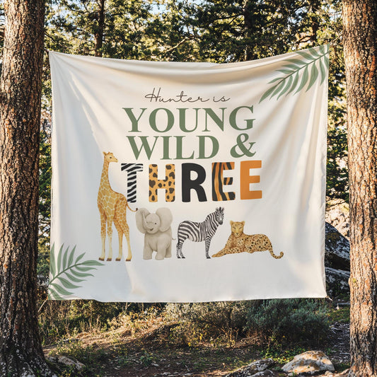 Young Wild and Three Banner Safari Animal 3rd Birthday Backdrop Jungle 3rd Birthday Sign Wild Three Party Decor Safari Animals Tapestry