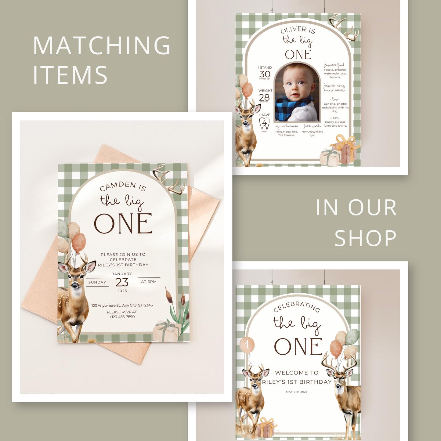 The Big One Deer Birthday Editable Sign Bundle Lucky Buck Themed first Birthday Premade signs Hunting 1st birthday table signs