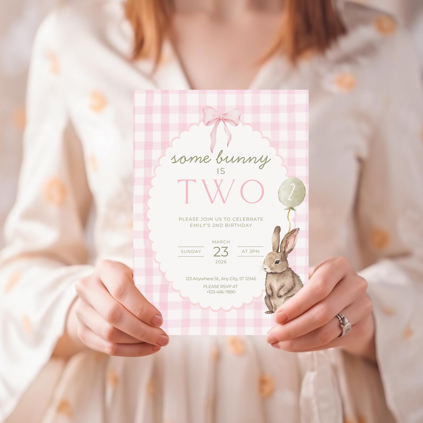 Some Bunny is Two Birthday Invitation Pink Bow Birthday Invite Pink Gingham Invitation Coquette Bunny 2nd birthday Rabbit Birthday