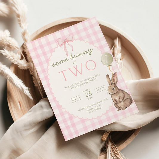 Some Bunny is Two Birthday Invitation Pink Bow Birthday Invite Pink Gingham Invitation Coquette Bunny 2nd birthday Rabbit Birthday