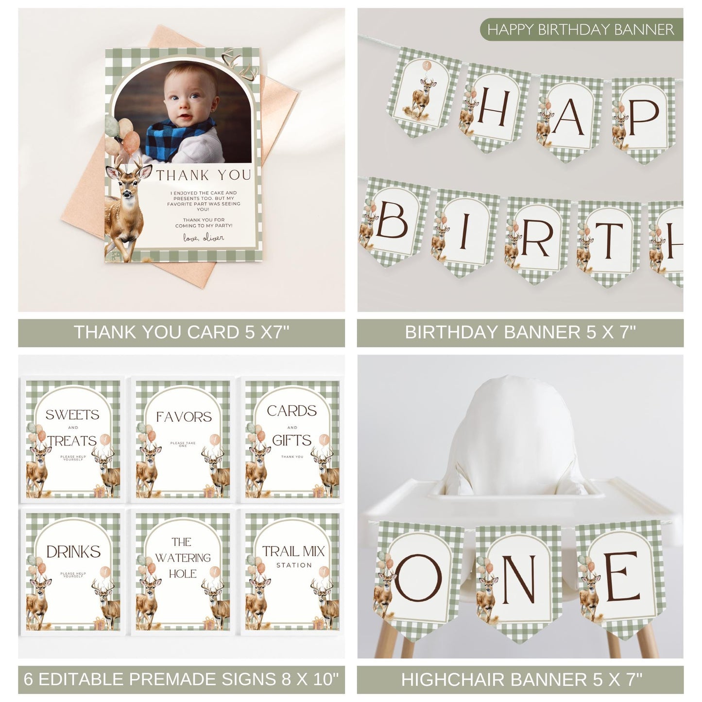 The big one deer birthday thank you card Deer themed happy birthday bunting banner First hunt birthday highchair banner Whitetail deer birthday table sign bundle