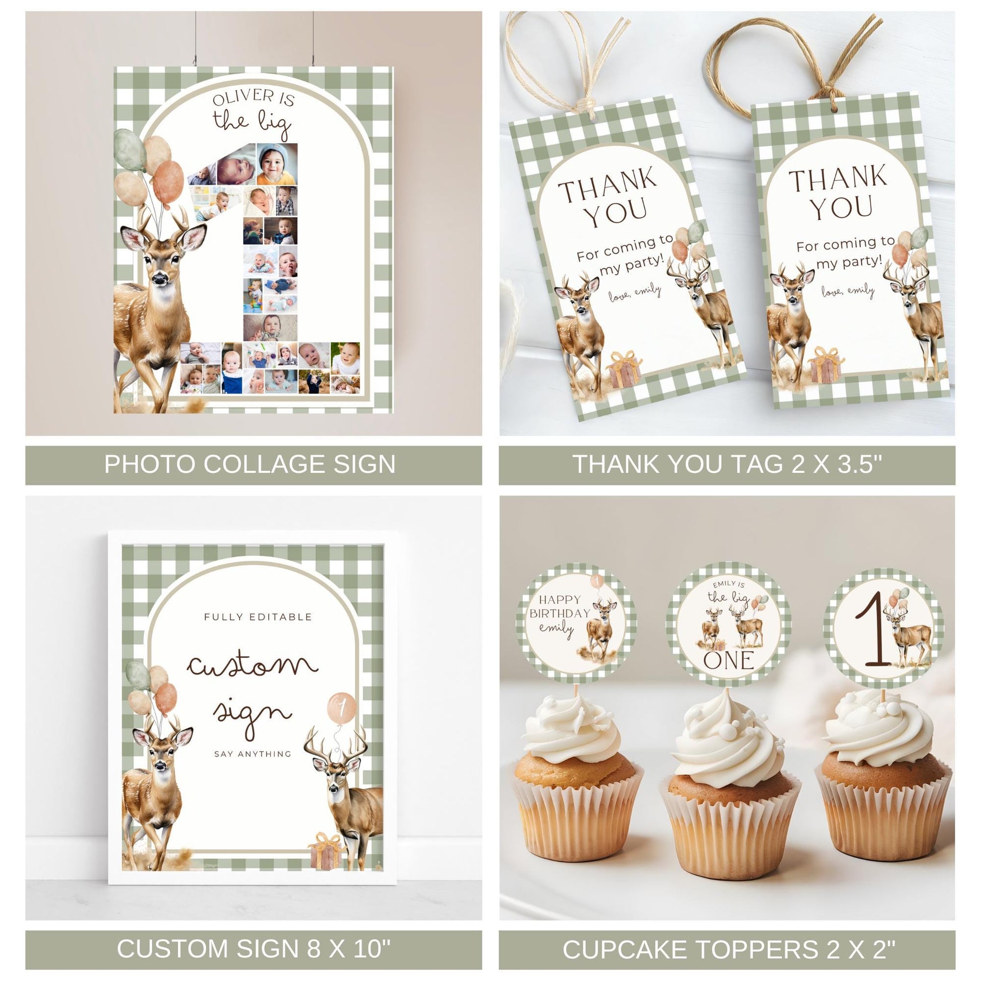The Big one deer 1st birthday first year photo collage Deer thank you tags favor tags whitetail deer birthday custom sign first hunt birthday cupcake toppers
