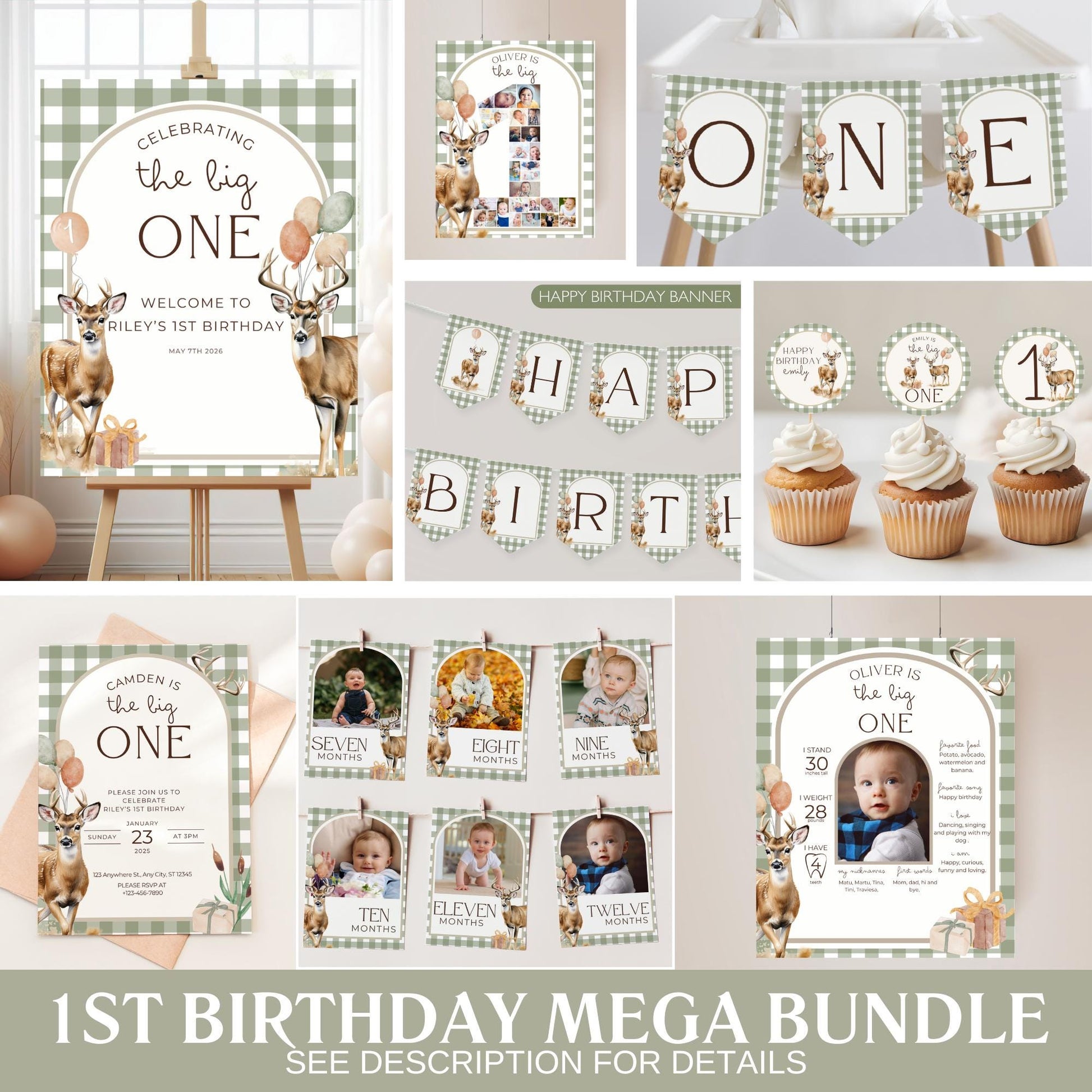The Big One Deer Birthday Invite Deer First Birthday Party Decor Hunting 1st Birthday Bundle Whitetail Theme Party First Hunt Birthday Decor