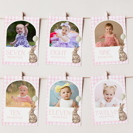 Some Bunny Is One Birthday Photo Milestone Banner Easter Rabbit 1st Birthday Bunting Banner Template Monthly Milestone Cards First Birthday