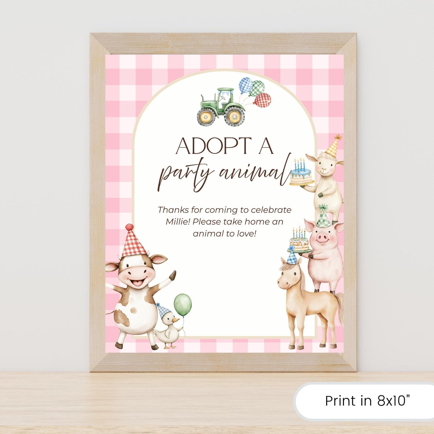 Adopt a Farm Animal Sign Adoption Certificate One Party Animal Party Favor Printable Birthday Decor Download Farm Birthday Pink Barnyard