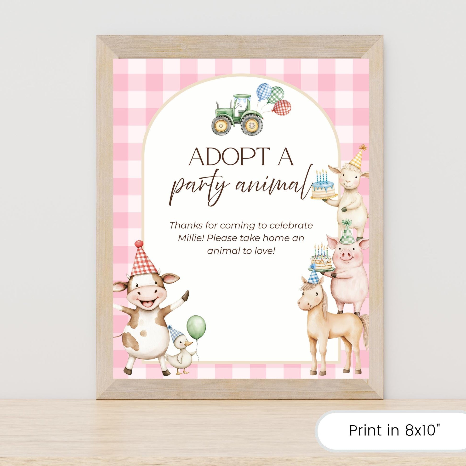 Adopt a Farm Animal Sign Adoption Certificate One Party Animal Party Favor Printable Birthday Decor Download Farm Birthday Pink Barnyard