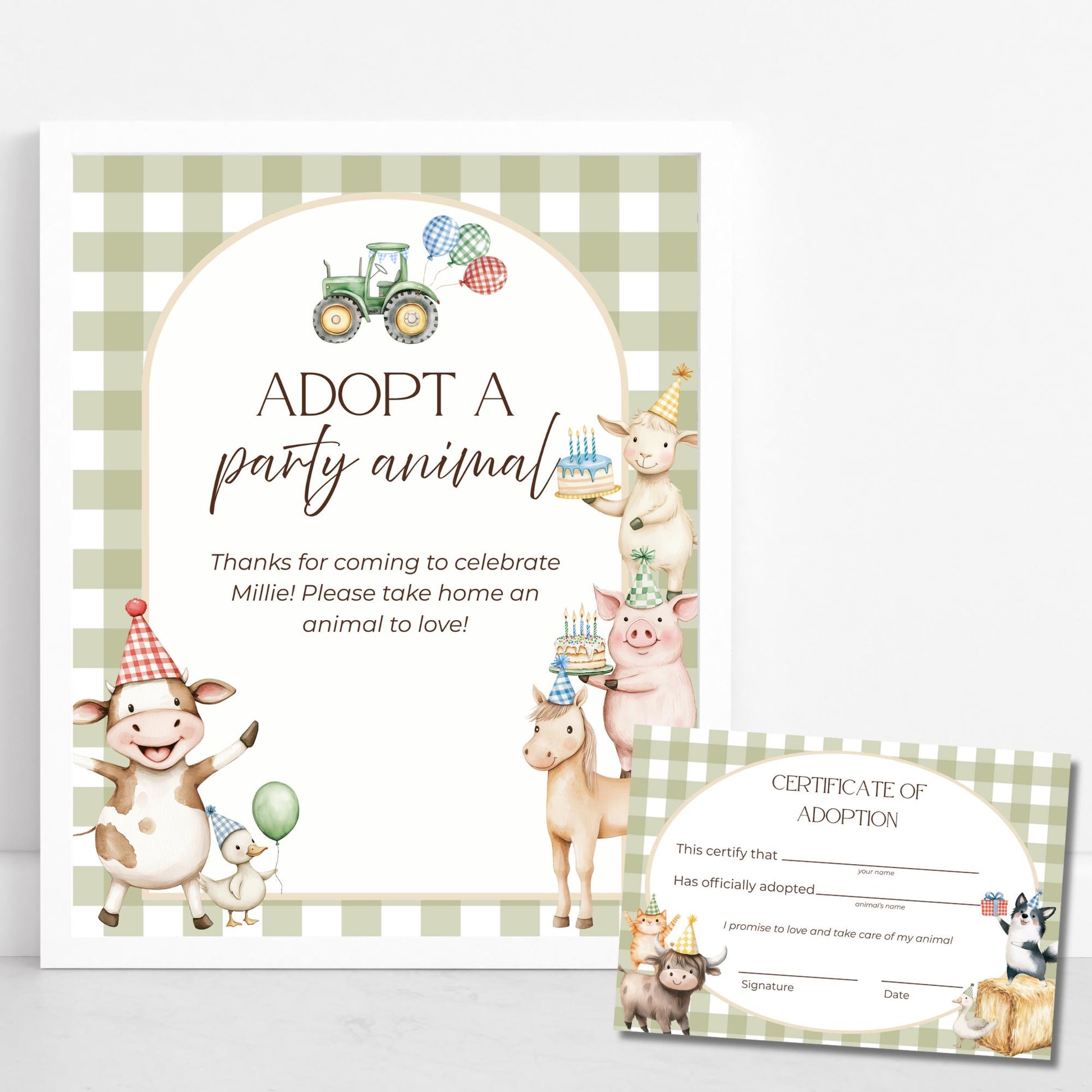 Adopt a Farm Animal Sign Adoption Certificate One Party Animal Party Favor Printable Birthday Decor Download Farm Birthday Decor Barnyard