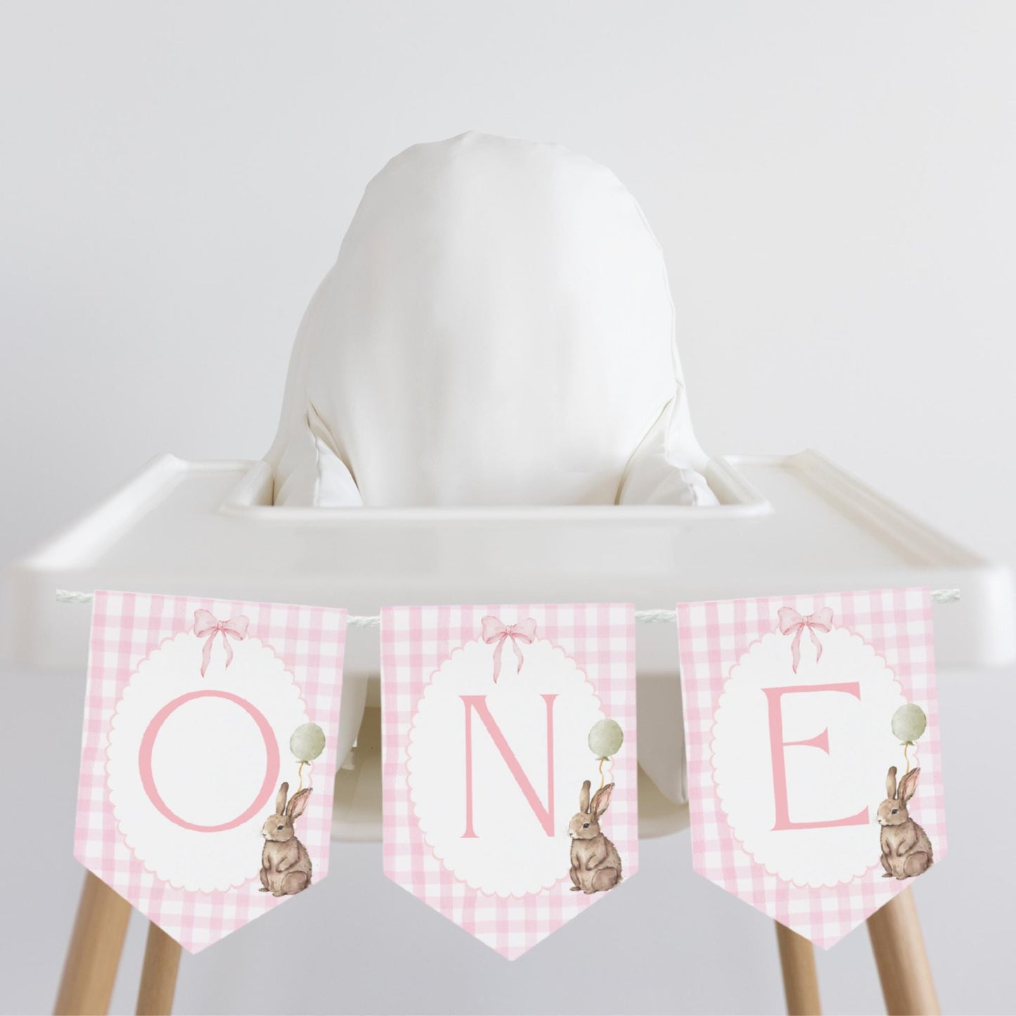 Some Bunny is One Highchair Banner Easter Bunny Birthday Rabbit Party Decor Floppy Bunny 1st Birthday Sign Cake Smash Pink Bow Pink Gingham