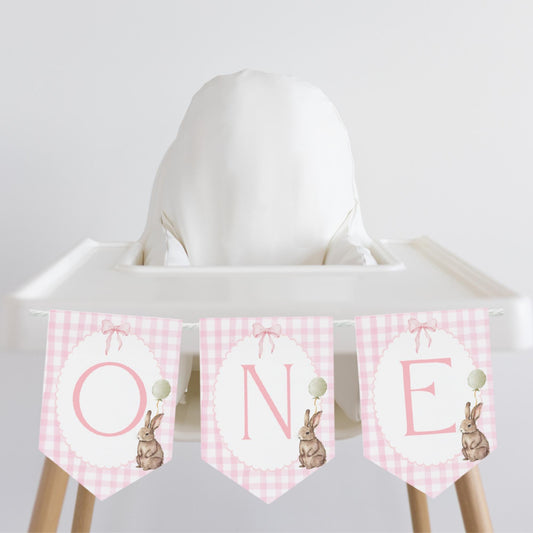 Some Bunny is One Highchair Banner Easter Bunny Birthday Rabbit Party Decor Floppy Bunny 1st Birthday Sign Cake Smash Pink Bow Pink Gingham