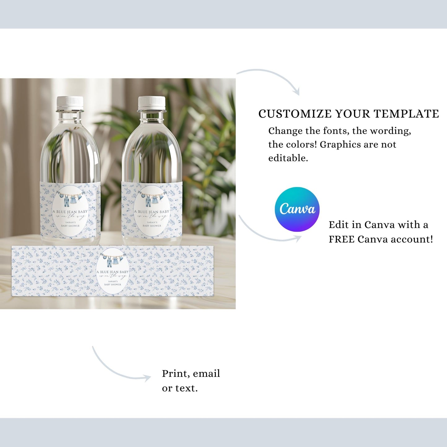 A Blue Jean Baby is on the way Baby shower Water Bottle Label Editable Drink Label Digital Download Denim Baby Sprinkle Decor Western Baby