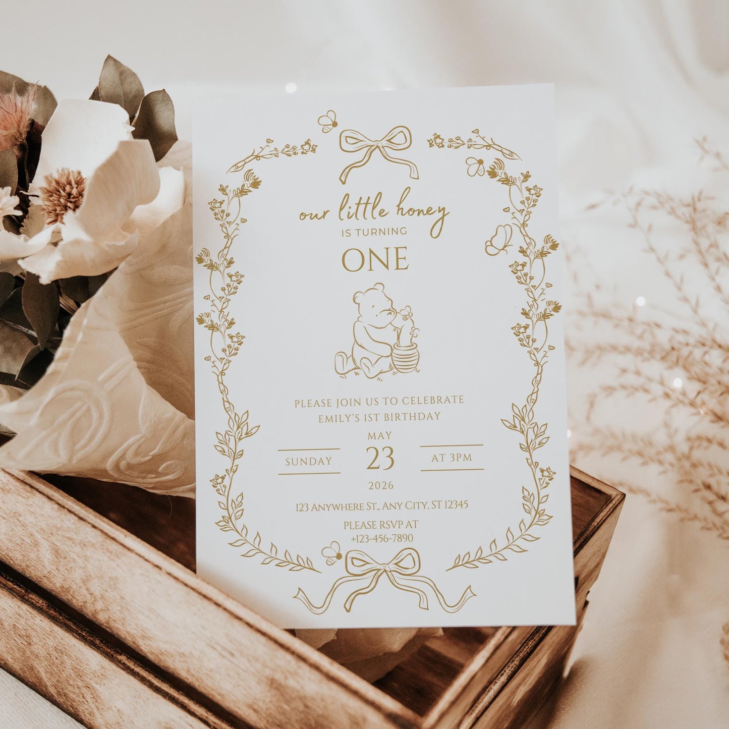Bee First Birthday Invitation Our Little Hunny Floral Bee Birthday Invite Honey 1st Bee Day Birthday Evite Bumblebee First Birthday