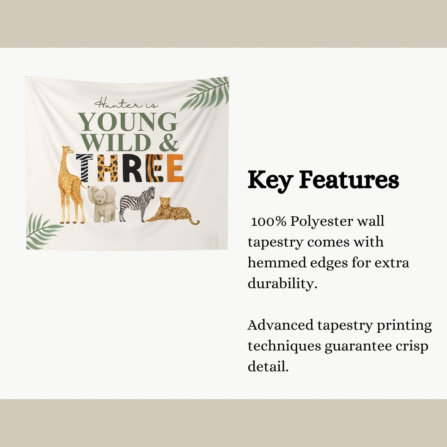Young Wild and Three Banner Safari Animal 3rd Birthday Backdrop Jungle 3rd Birthday Sign Wild Three Party Decor Safari Animals Tapestry