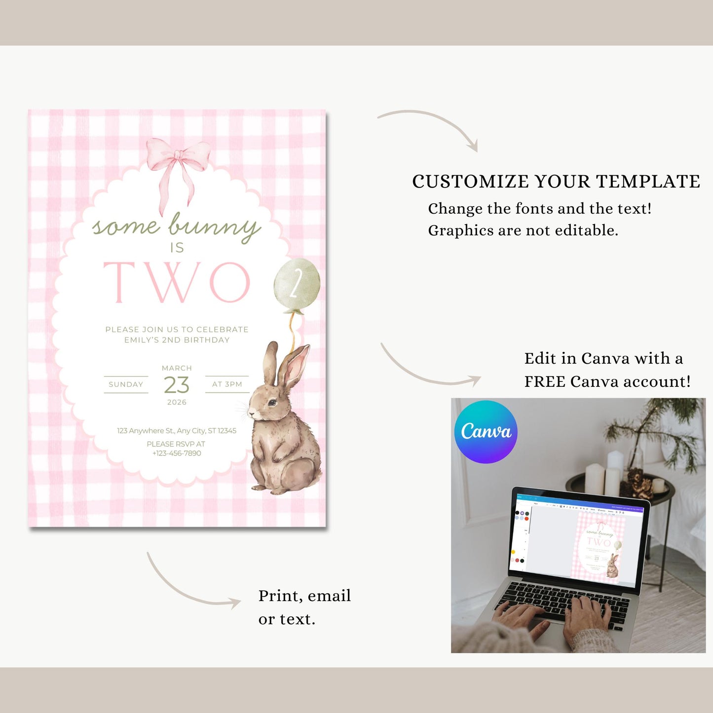 Some Bunny is Two Birthday Invitation Pink Bow Birthday Invite Pink Gingham Invitation Coquette Bunny 2nd birthday Rabbit Birthday