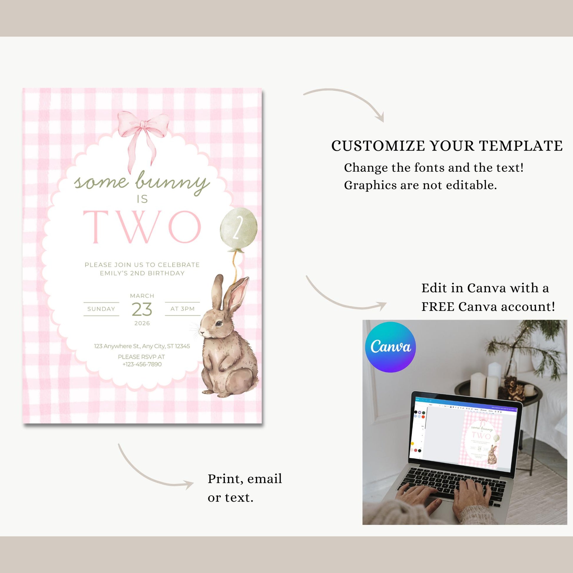 Some Bunny is Two Birthday Invitation Pink Bow Birthday Invite Pink Gingham Invitation Coquette Bunny 2nd birthday Rabbit Birthday