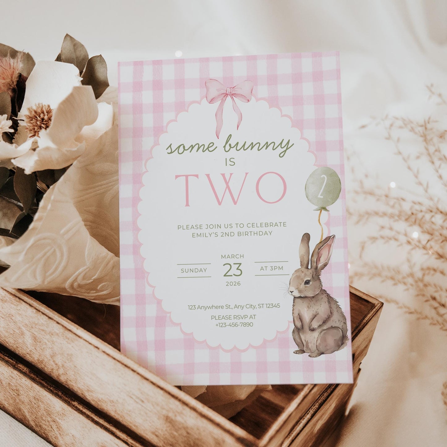 Some Bunny is Two Birthday Invitation Pink Bow Birthday Invite Pink Gingham Invitation Coquette Bunny 2nd birthday Rabbit Birthday