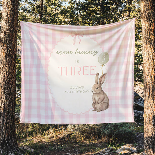 Some Bunny is Three Birthday Backdrop Bunny Birthday Welcome Sign Pink Gingham Bunny Banner Personalized Easter 3rd Birthday Decoration