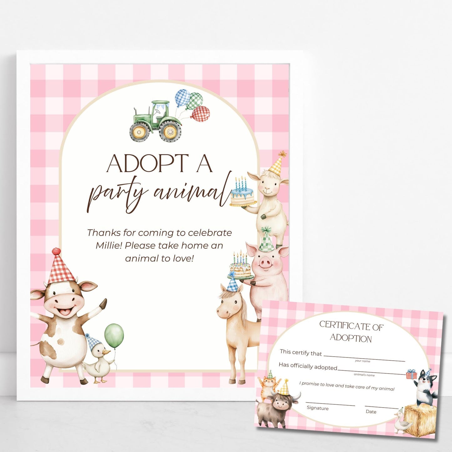 Adopt a Farm Animal Sign Adoption Certificate One Party Animal Party Favor Printable Birthday Decor Download Farm Birthday Pink Barnyard