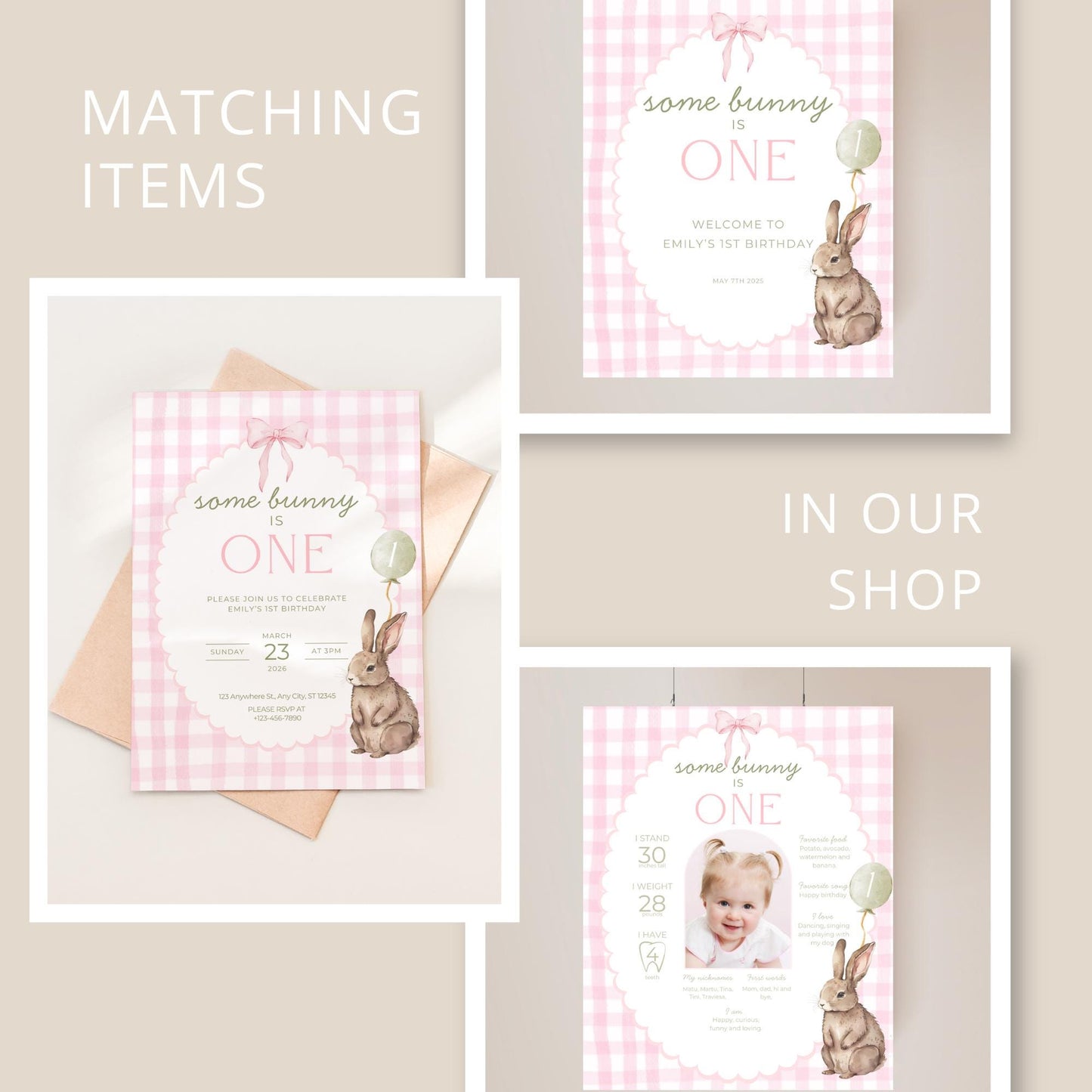 Some Bunny is One Highchair Banner Easter Bunny Birthday Rabbit Party Decor Floppy Bunny 1st Birthday Sign Cake Smash Pink Bow Pink Gingham